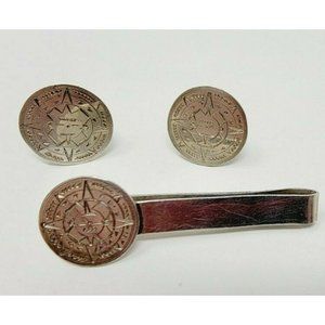 Vintage Sterling 925 Round Men’s Cuff Links and tie Bar Mexican style